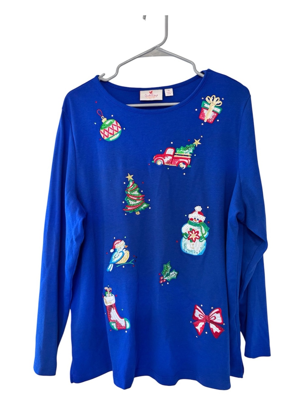 Quacker Factory XL Christmas Holiday Blue Embellished Top